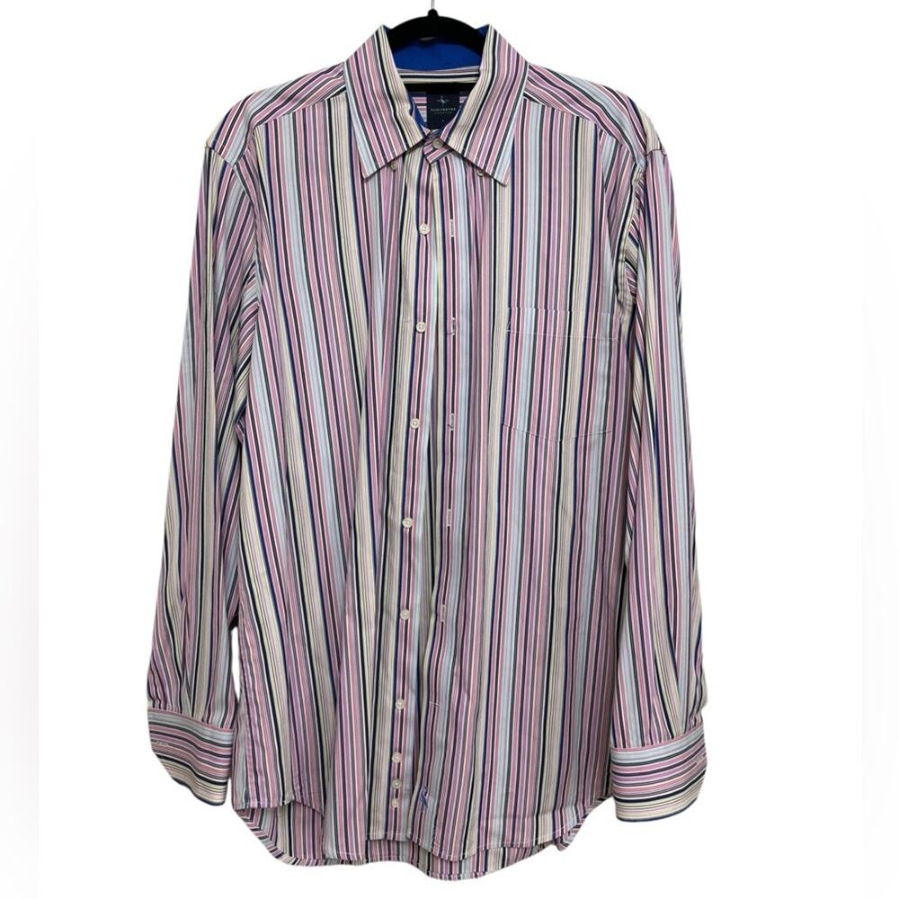 Tailorbyrd Men’s 100% Cotton Vertical Pink Stripe Button Down - Size L